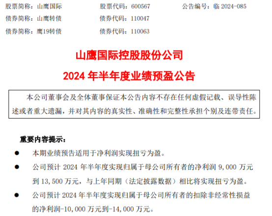 山鹰国际2024年上半年预计净利9000万-135亿同比扭亏为盈公司持续推动降本增效(图1)
