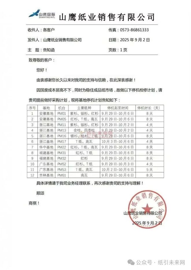 山鹰纸业六大基地停机福建多家包装企业调价